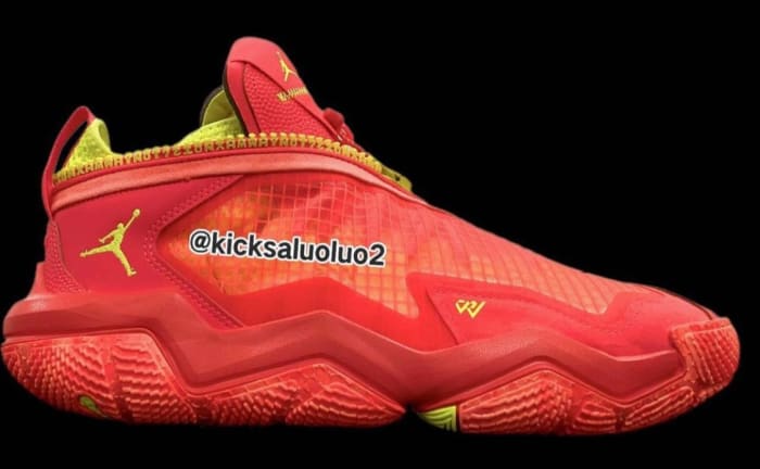 Red and yellow Jordan shoe.